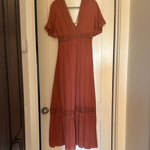 Women's Rust Orange V-Neck Maxi Dress with Lace Details